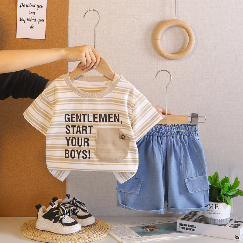 Boy's Summer Stylish Outfit 2026 New Baby Striped Faux Pocket Short Sleeve Casual Two-Piece Set Trendy