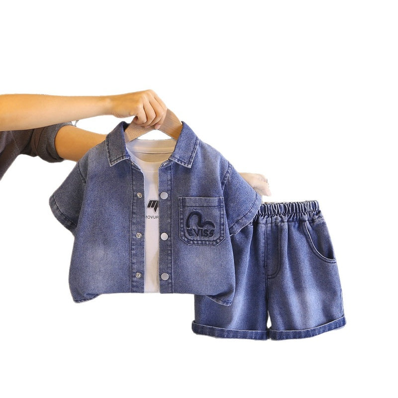 Boys' Summer Casual 2026 New Korean Style Children's Heart-Shaped Denim Cardigan Short-Sleeve Three-Piece Set