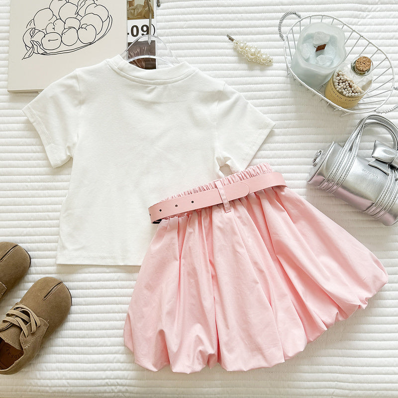 Girls' Summer Outfit New Embroidered Bow Short-Sleeve T-Shirt and Bud Shorts Casual Two-Piece Set for Girls