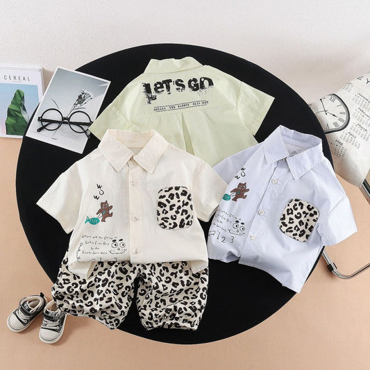 Baby boy outfit, stylish children's clothing for 1-3 year old boys, summer shirt with leopard print short sleeves, two-piece trendy set