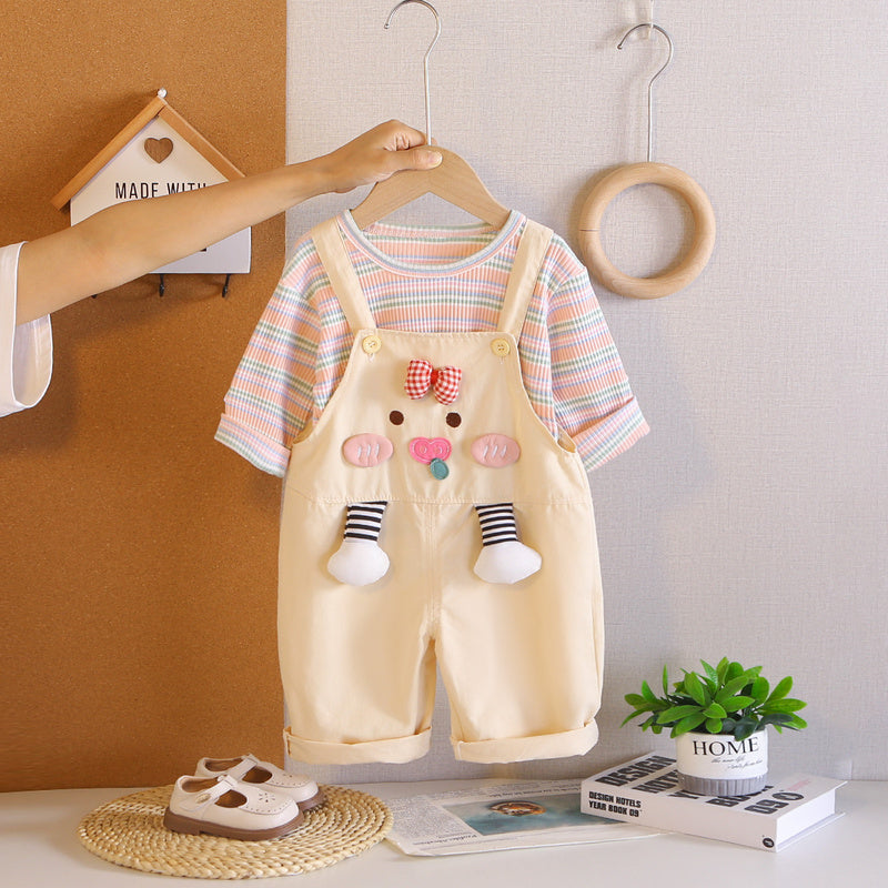 Girls' Spring and Bowknot Overalls Two-Piece Set, Stylish Toddler Clothing for 1-Year-Old Baby Girls, Autumn Outfit