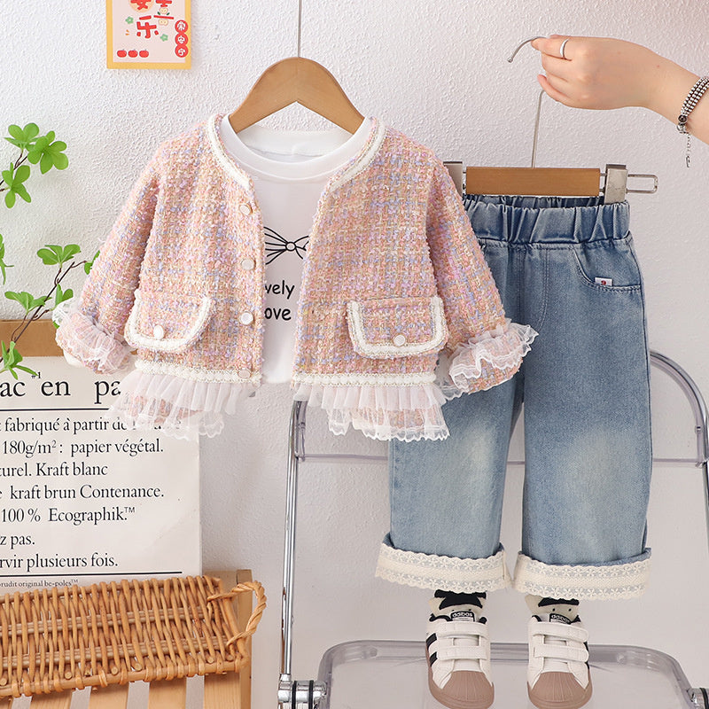 Foreign Trade Wholesale 2025 New Sweet Little Chanel Style Three-Piece Set Children's Fashionable Outfit Spring and Autumn Live Supply