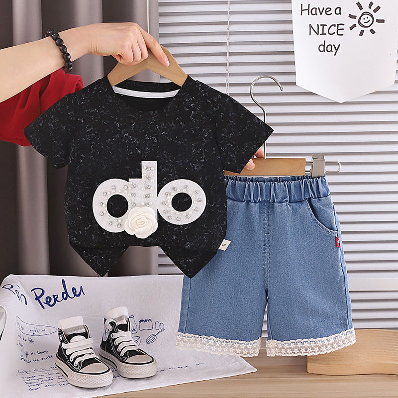 Girls' Summer Outfit 2026: Baby with Rhinestone Letters, Short-Sleeve Denim Shorts, New Trendy Two-Piece Set