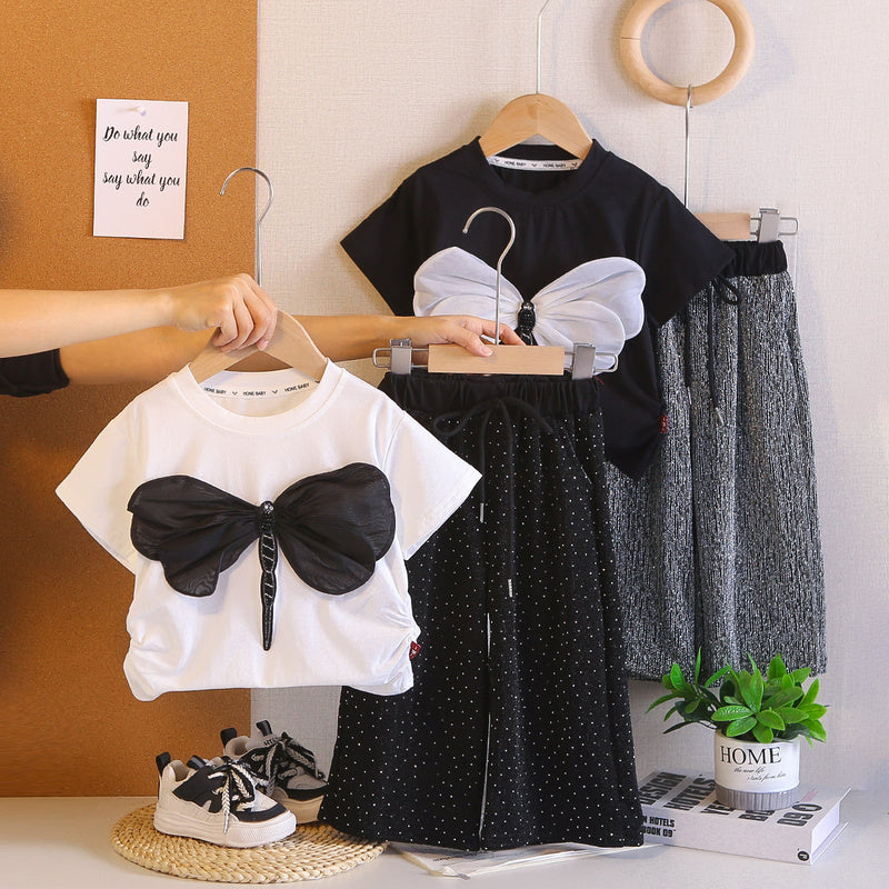 Girls' Outfit 2026 New Stylish Children's Summer Baby Girl Dragonfly Rhinestone Short Sleeve Long Pants Two-Piece Set