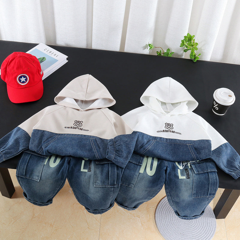 Boys' Outfit 2026 New Spring Autumn Clothes for Infants and Children Denim Patchwork Hoodie Casual Two-Piece Trendy Set
