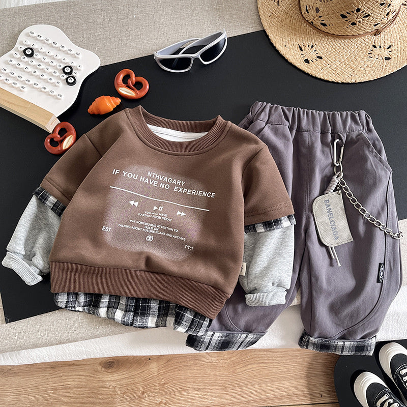Boys' outfit, sporty fashionable, stylish spring autumn two-piece set with printed sweatshirt for toddlers and children