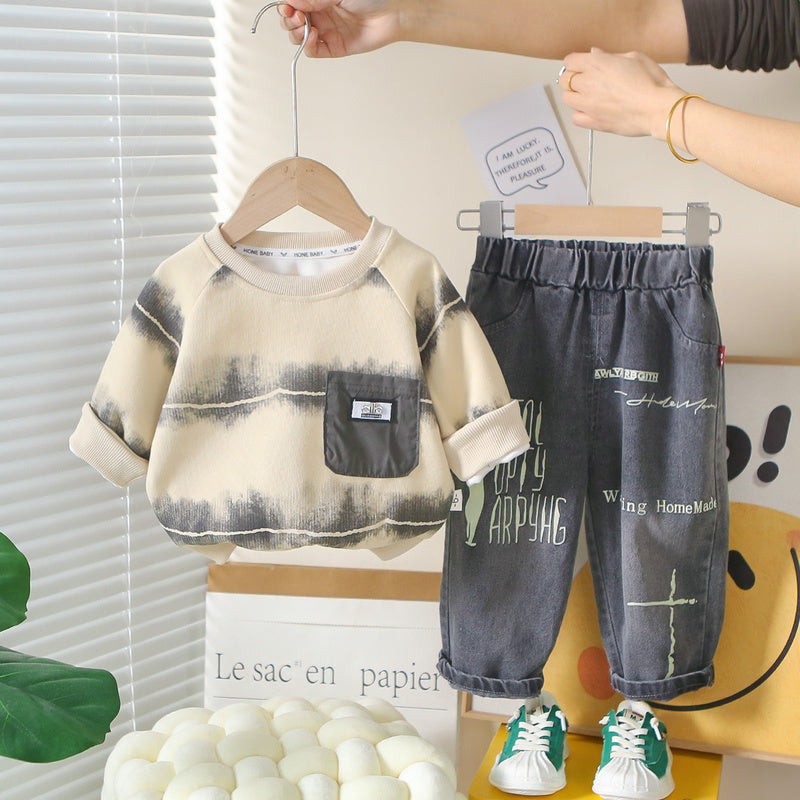 Boys' Suit 2026 New Spring and Style Children's Stylish Striped Pocket Clothes Baby Autumn Two-Piece Set Wholesale
