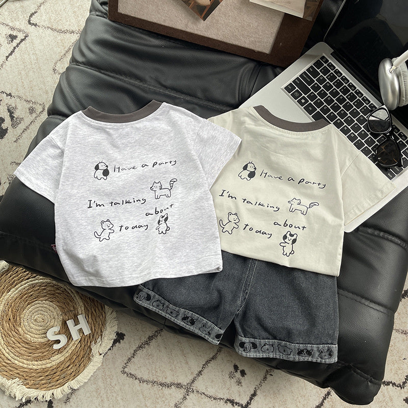 Boys' Solid Color Puppy Print Short Sleeve Set New Children's Round Neck Cool and Stylish Baby Summer Two-Piece Outfit