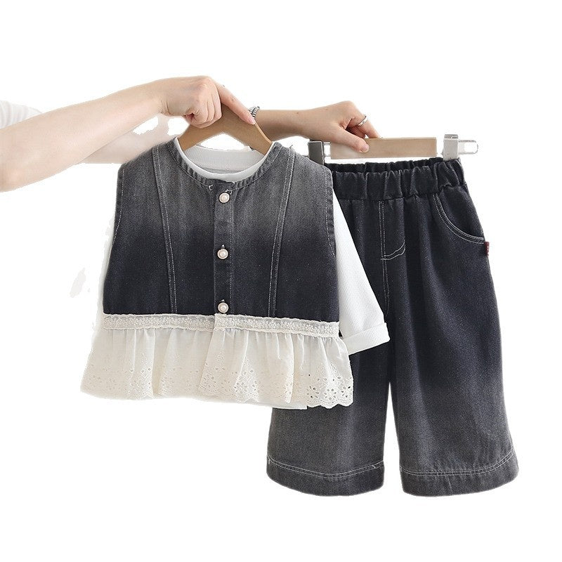 Girls' fashion stylish children's clothing, and autumn outfit, vest, lace skirt three-piece set, baby spring trendy clothing