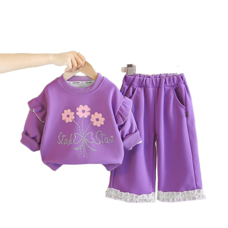 Girls' Autumn Outfit 2026 New Stylish and Fashionable Baby Girl Rhinestone Flower Sweatshirt Two-Piece Set Wholesale
