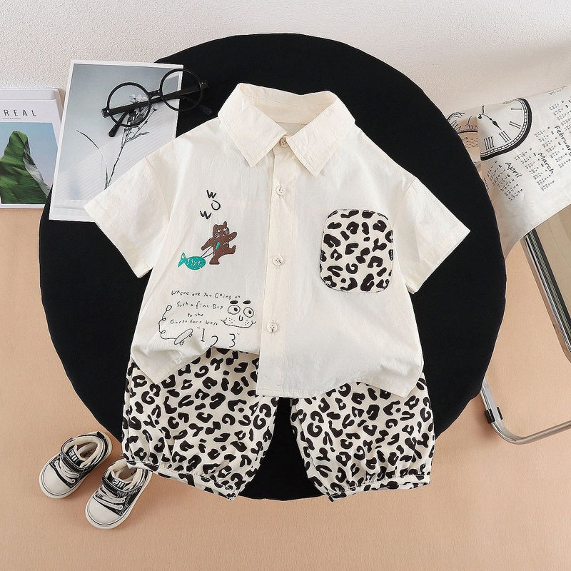 Baby boy outfit, stylish children's clothing for 1-3 year old boys, summer shirt with leopard print short sleeves, two-piece trendy set
