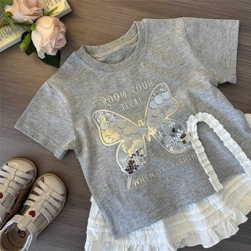 Girls' Summer Outfit 2025 New Fashionable Sequin Butterfly Short Sleeve Children's Fashion Skirt Two-Piece Set for Baby Girls