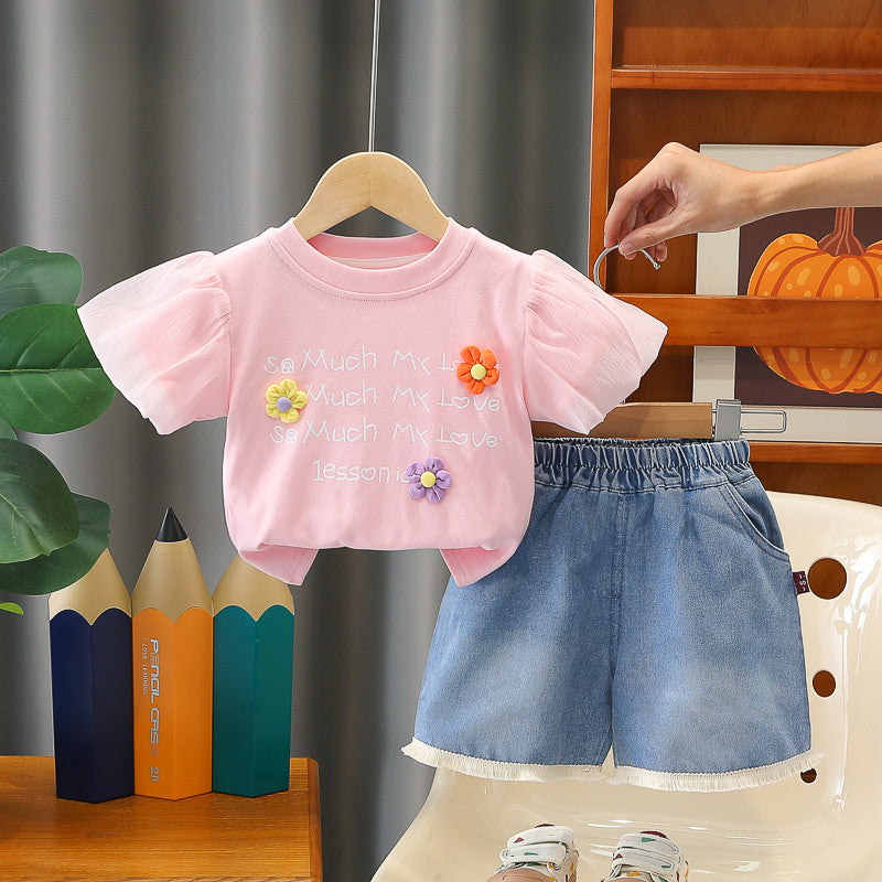 Girls' Outfit 2026 New Fashionable Baby Summer Clothes Three-Flower Short-Sleeve Two-Piece Set Children's Clothing