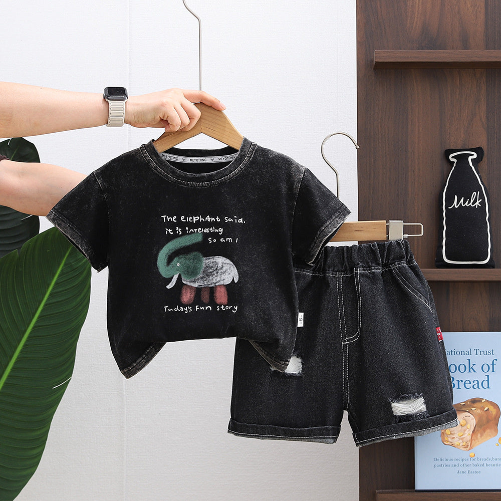 Boys' Outfit 2026 New Baby Elephant Round Neck Short Sleeve Two-Piece Set Children's Summer Clothes Trendy Kids' Clothing