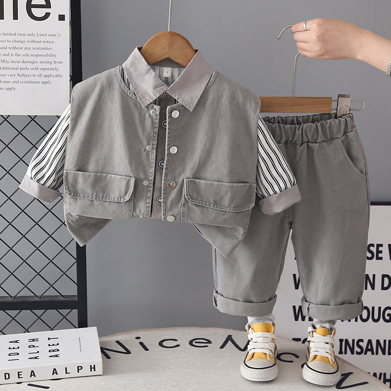 Boys' Outfit 2026 New Fashionable Children's Washed Cotton Three-Piece Set Baby Spring and Autumn Casual Trend
