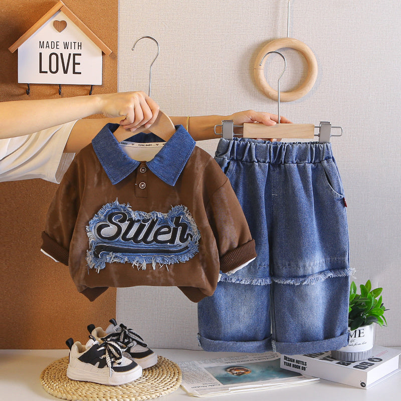 Boys' outfit stylish patch denim letter polo two-piece set, fashionable and handsome for toddlers in autumn