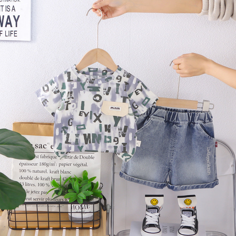 Boys' Outfit 2026 New Model Children's Short Sleeve Two-Piece Set with Pocket Cover, Baby Summer Casual Round Neck Clothes