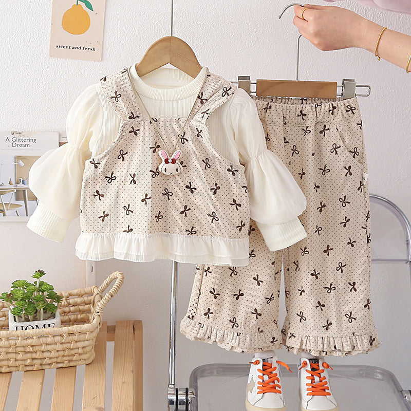 Girls' Autumn Three-Piece Set with Bunny Pendant 2026 New Fashionable and Stylish Spring Outfit for Baby Girls