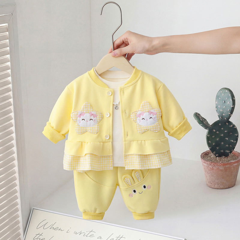 Girls' Autumn 2, Children's Clothing, Fashionable Girl's Star and Cat Three-Piece Set, Spring Outfit for 1-Year-Old Baby Girl