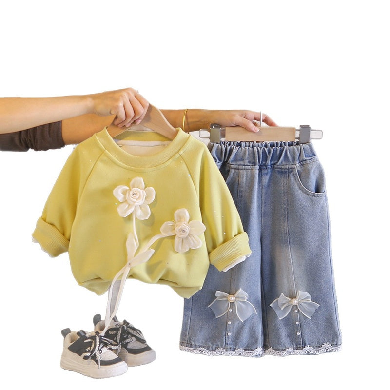Baby Spring Outfit Stylish 2026 New Fashionable Girls' Children's Two-Flower Sweatshirt Trendy Toddler Spring-Autumn Clothing