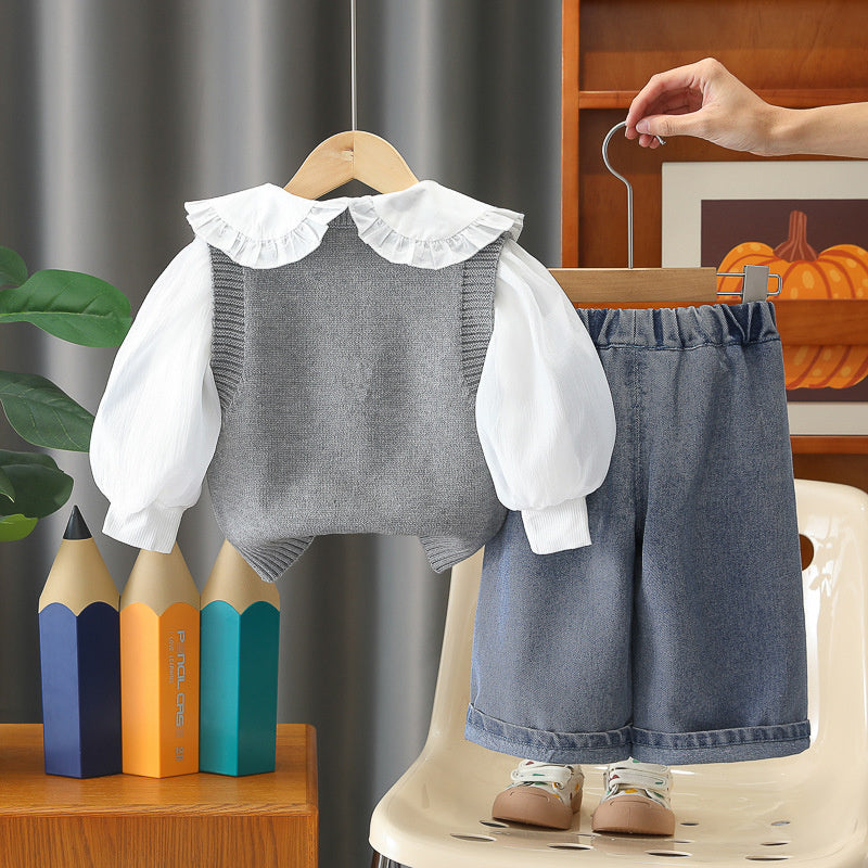 Girls' Outfit: Three-piece Set with Big Bow Sweater, Stylish Fashionable Children's Clothing Spring and Autumn, for 1-year-old baby girls