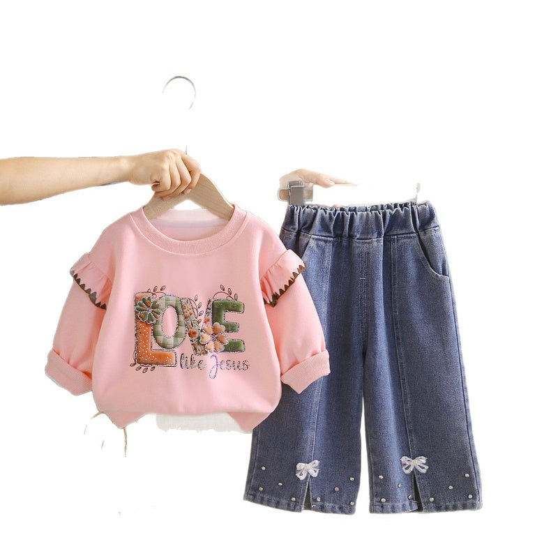 Girls' Outfit 2026 New Spring and Autumn Fashionable Letter Sweatshirt Two-Piece Set Baby Girls Trendy Korean Style for Children