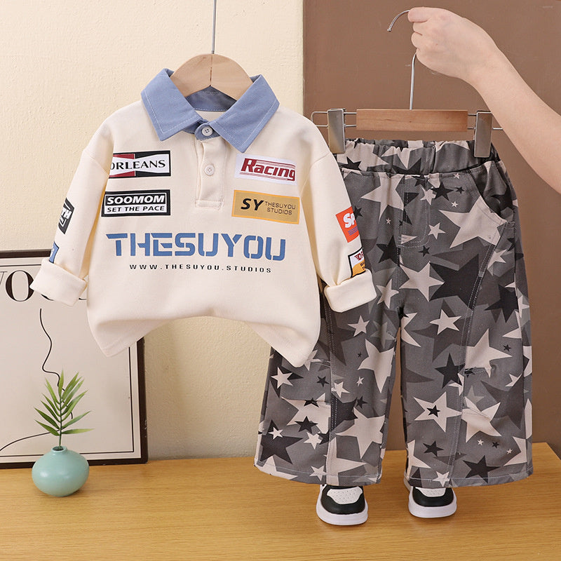 Boys' Spring and Autumn Outfit 2026 New Fashionable Children's Racing Style Turn-down Collar Sweatshirt Korean Version Casual Two-piece Set