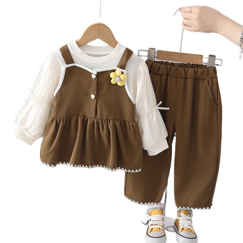 Stylish Loose Outfit for Girls, Baby Girl 2026 New Fashion Autumn Princess Dress with Big Bow Strap Skirt Three-Piece Set