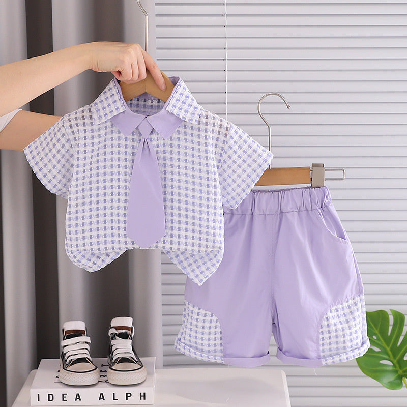 Boys' Outfit 2026 New Fashionable Children's Small Checkered Short-Sleeve Baby Summer Korean Style Two-Piece Set Trendy