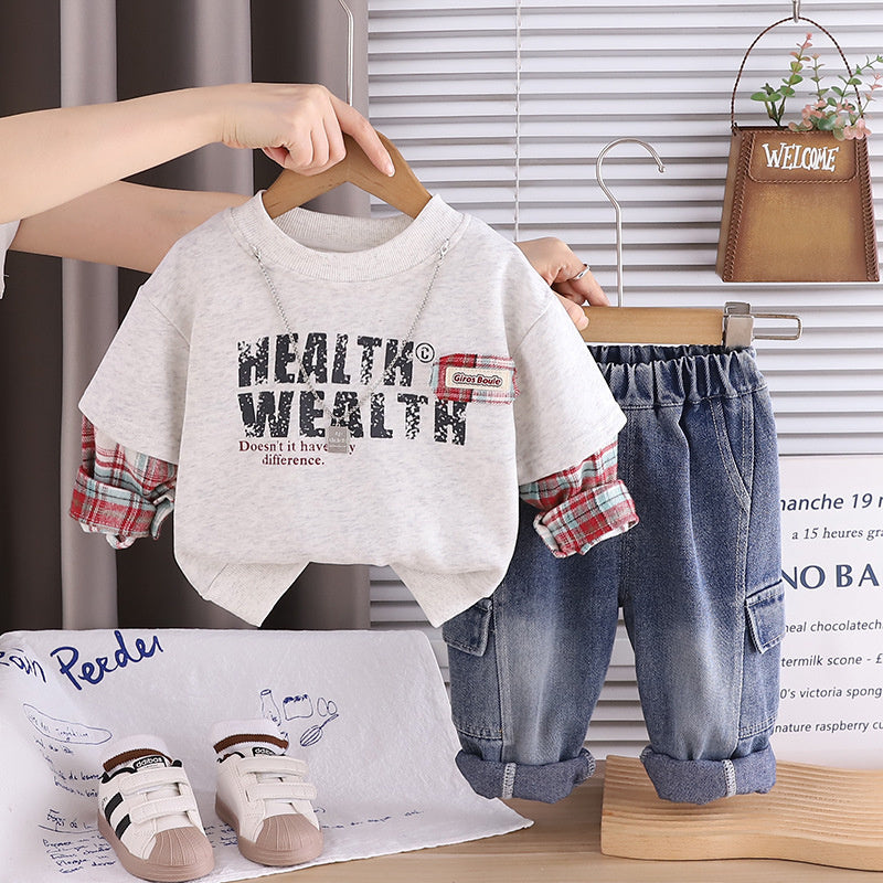 Boys' Spring Collection Striped Patch-Sleeve Letter Sweatshirt 2026 New Model Long-Sleeve Children's Fake Two-Piece Set Trendy