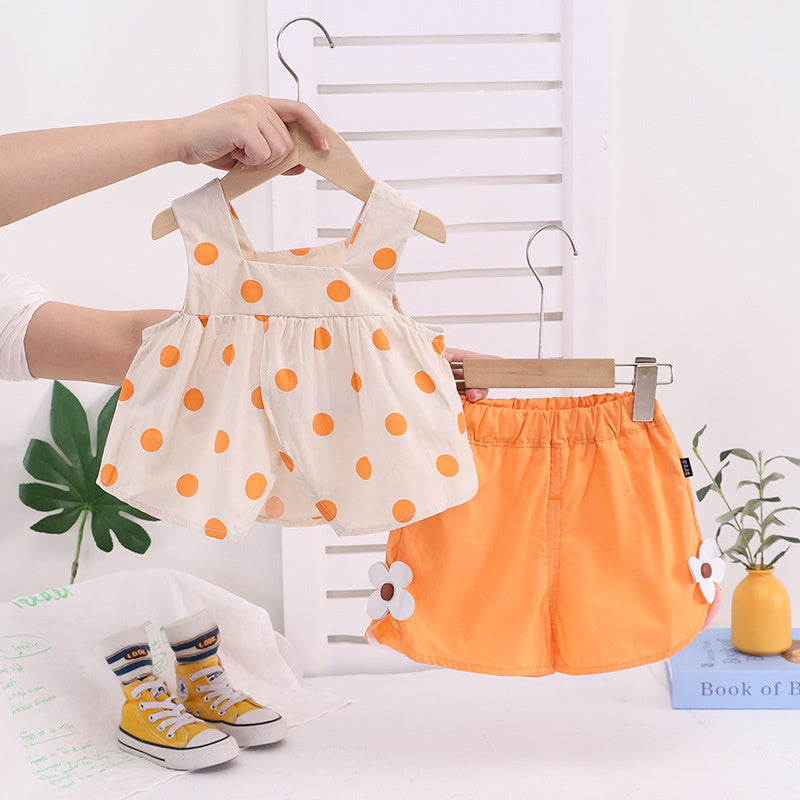 Baby girl summer outfit, stylish fashionable two-piece set for one-year-old girls, thin vest and shorts baby clothes