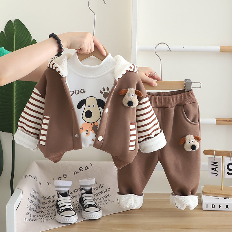 Boys' Autumn and Fleece-Lined Bag Dog Three-Piece Set New Baby Winter Warm Outfit Stylish Clothes Trendy Children's Clothing