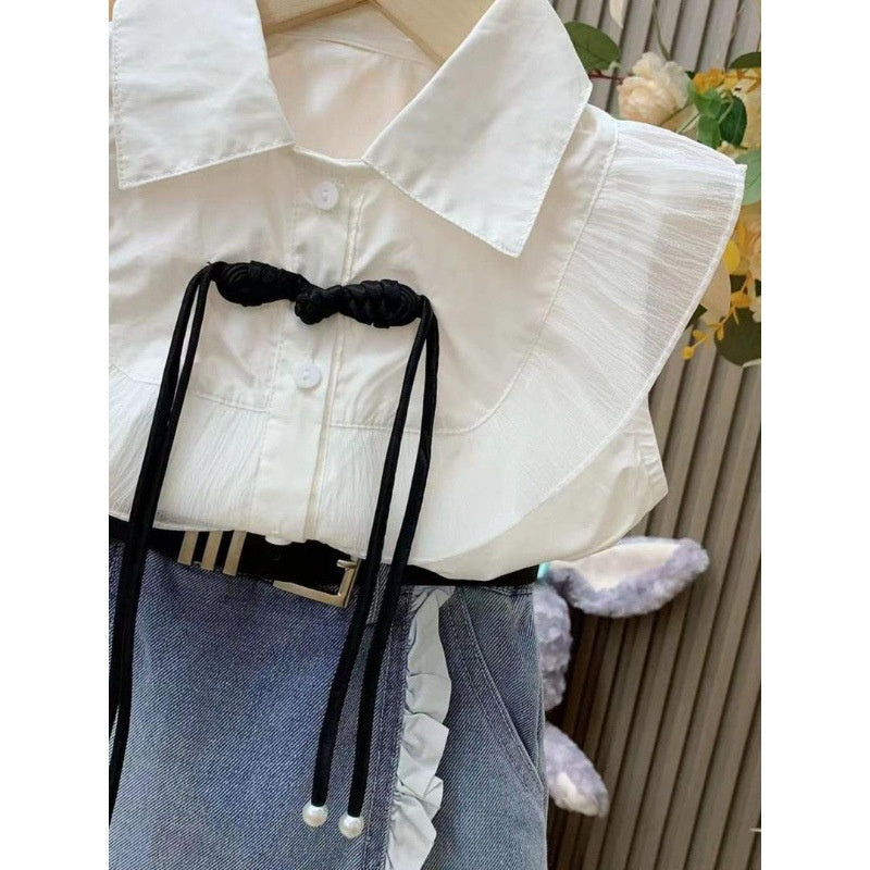 Girls' Princess Style Outfit 2024 Summer New Baby Girl Flutter Sleeve Shirt + Denim Lace Skirt Pants Two-Piece Set