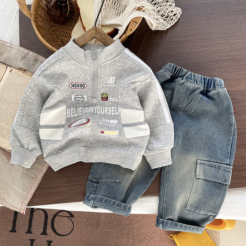 Boys' sports suit spring autumn, motorcycle-style half-zip sweatshirt, long-sleeve casual two-piece set, cool stylish autumn outfit for infants and toddlers