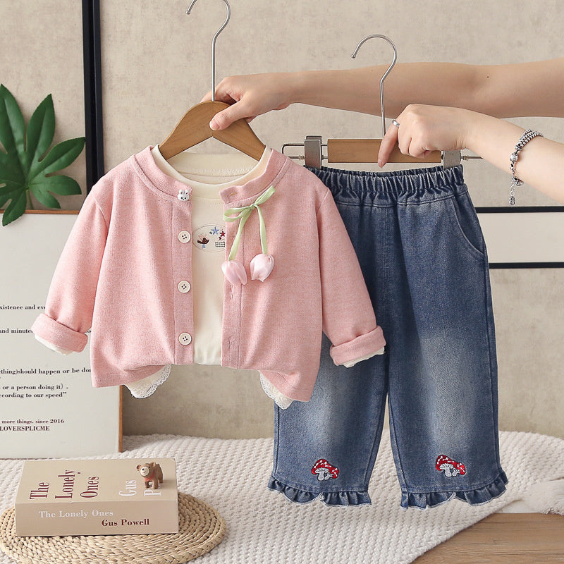 Girls' Outfit 2026 New Fashionable Tulip Cardigan Three-Piece Set Baby Spring and Autumn Casual Infant Children's Trendy Clothing