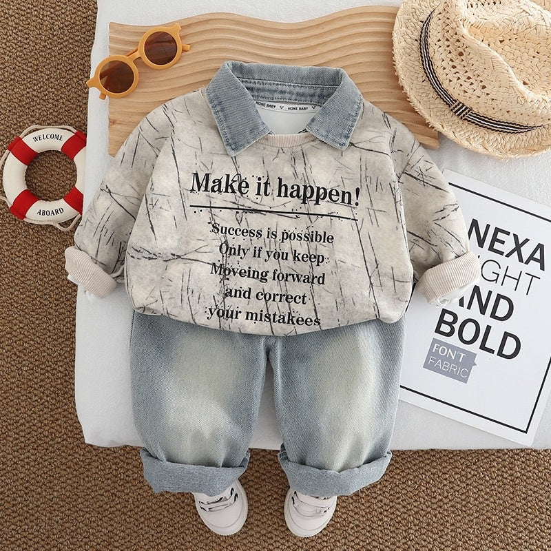 Boys' Suit 2025 New Fashionable Baby Spring and Autumn Korean Style Round Neck Sweatshirt Two-Piece Set