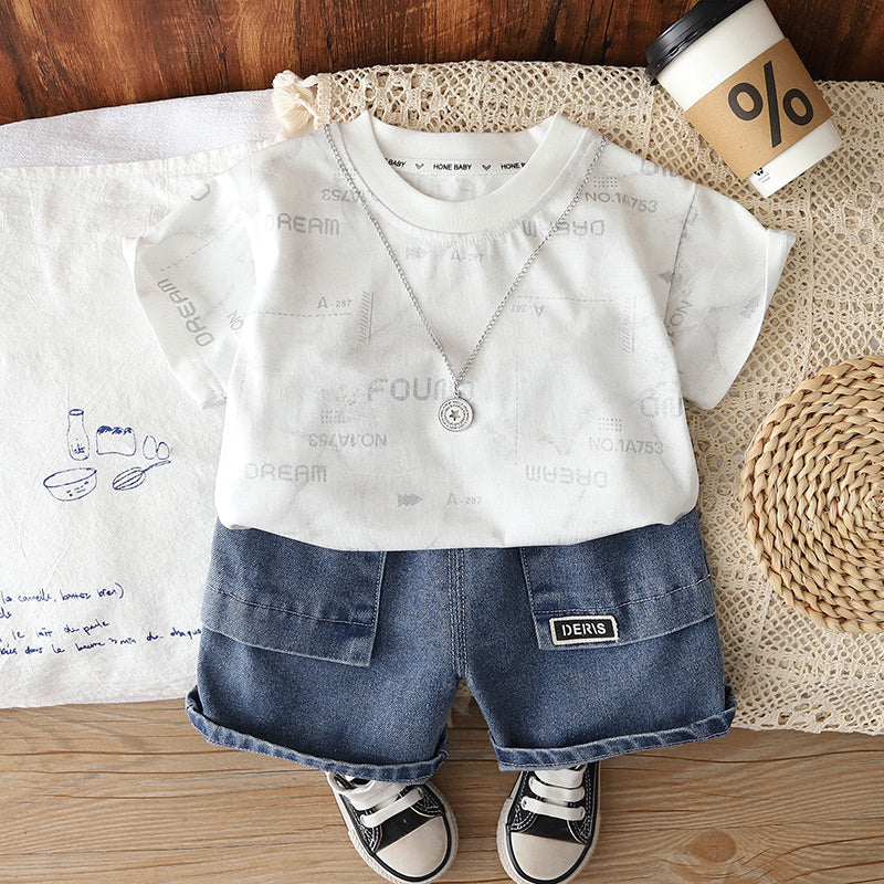 Boys' Summer Outfit 2026 New Fashionable Toddler Stylish Full Silver Letter Print Short Sleeve Two-Piece Set for Boys