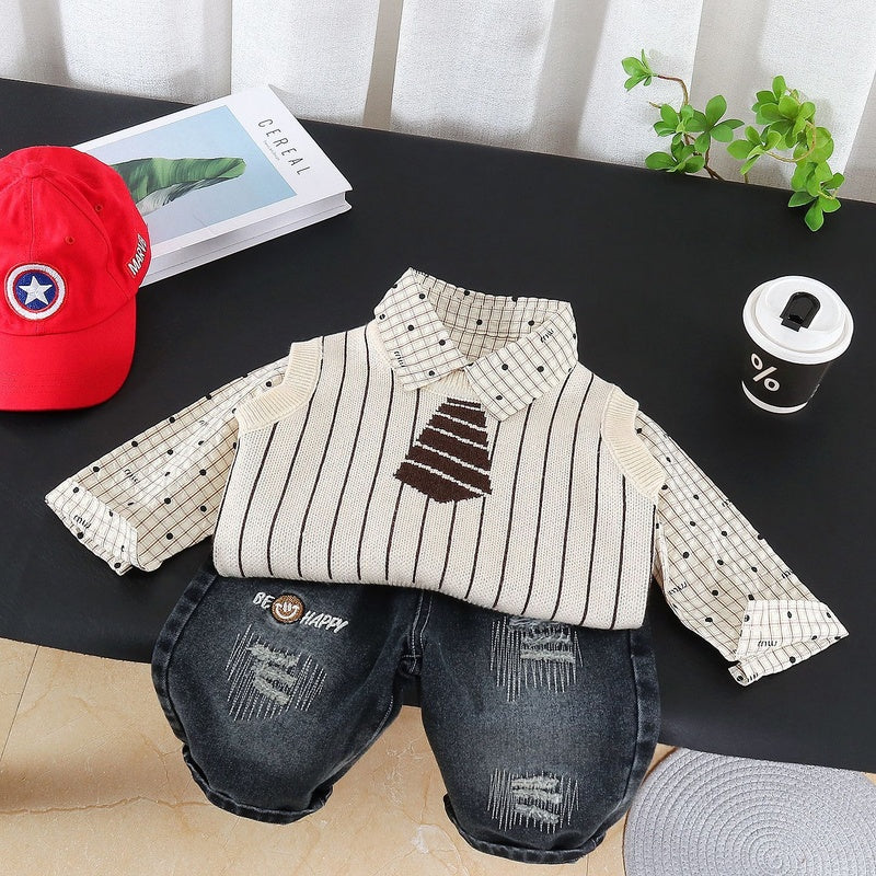 Boys' 2026 New Outfit: Stylish Tie Sweater Three-Piece Set, Baby Clothes for Spring and Autumn