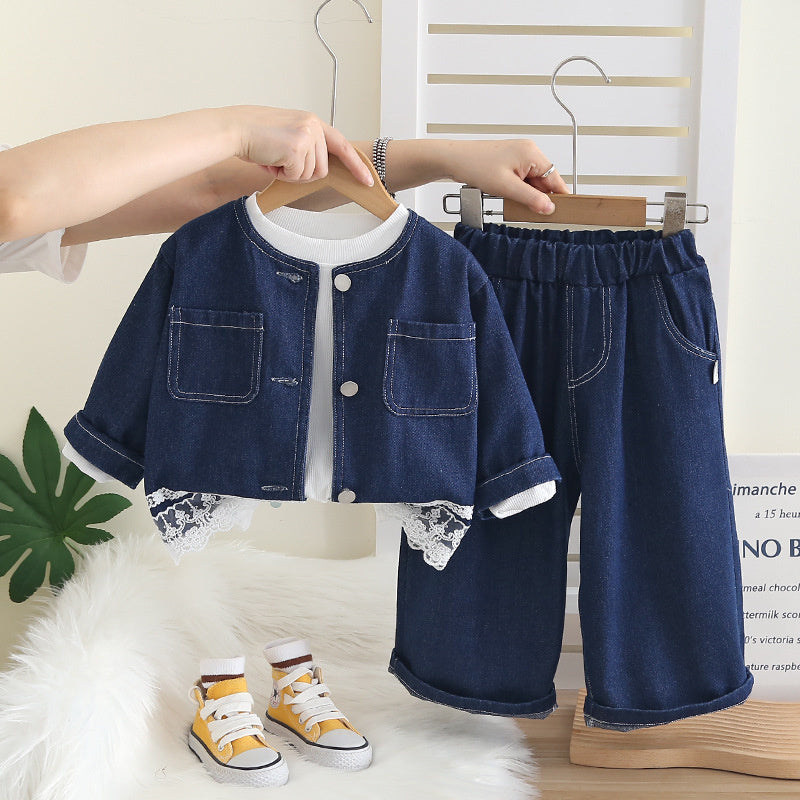 Girls' Solid Color Denim Chic Three-Piece Set Children's Lace Outfit Baby Spring Fashionable Wholesale