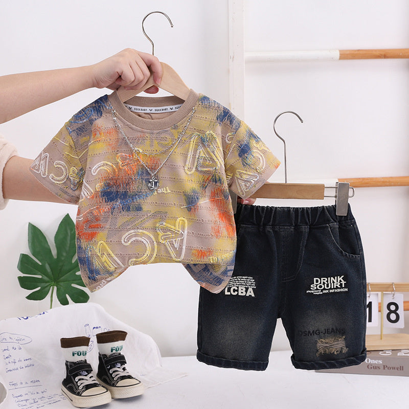 Outfit Children's 2026 New Necklace Letter Short Sleeve Boys Clothes Baby Summer Two-Piece Set