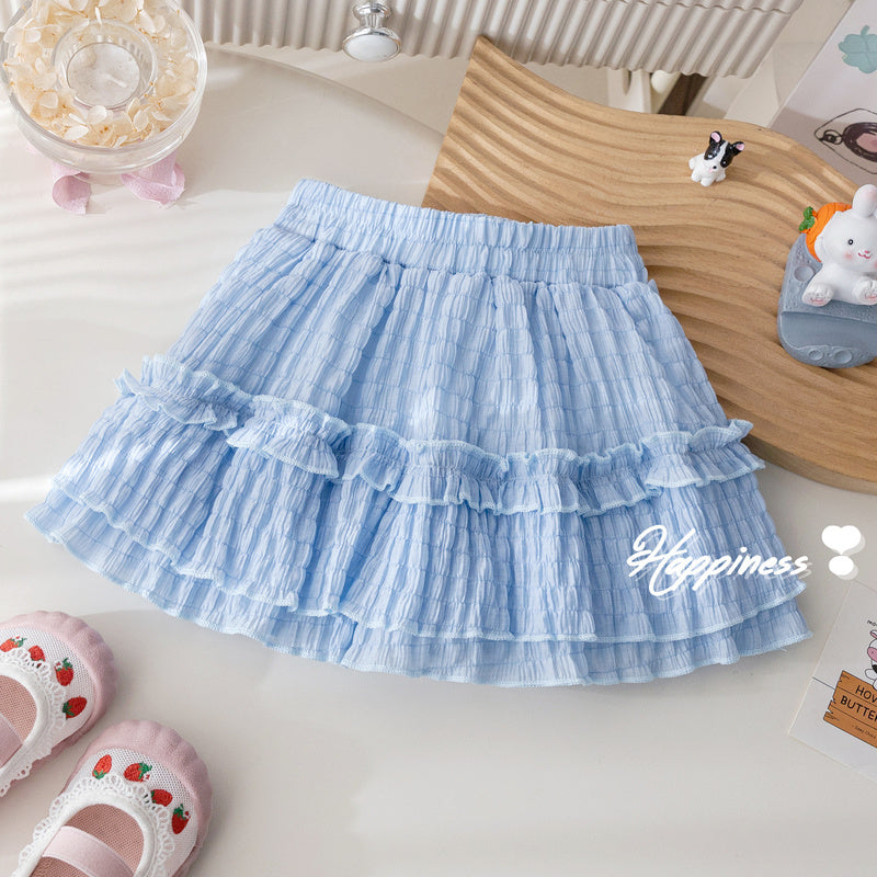 Korean children's clothing girls: outfit with lace bow, flutter-sleeve T-shirt, stylish pleated short skirt, trendy summer wear for girls