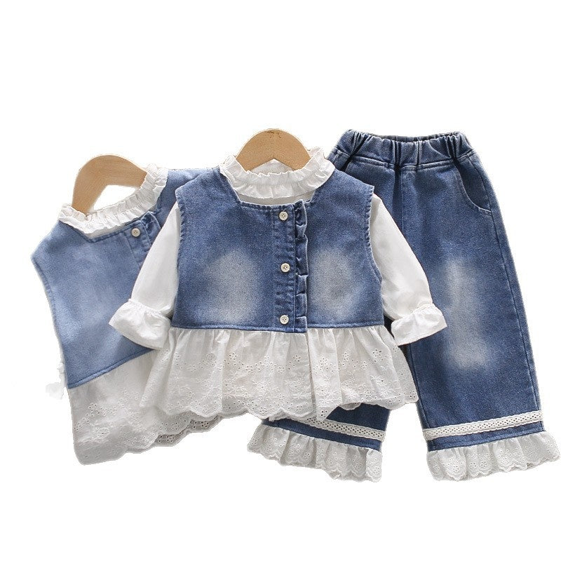 Girls' Outfit 2026 New Fashionable Spring and Autumn Pants, Baby Girl Denim Skirt, Long Sleeve Three-Piece Set