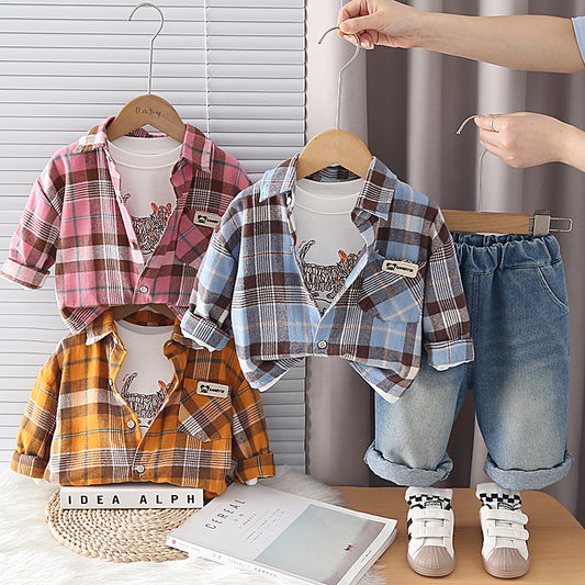 Boys' Fashionable Outfit 2026 New Children's Casual Plaid Shirt Three-Piece Set Baby Spring and Autumn Clothes