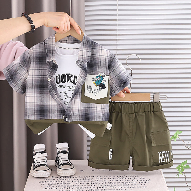 Boys' Summer Outfit 2026 New Fashionable Baby Short-Sleeve Plaid Shirt and Shorts Three-Piece Set Infant Children's Clothing
