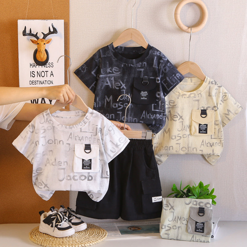 Boys' Summer Outfit 2026 New Korean Style Short Sleeve Casual Two-Piece Set with English Pocket for Toddlers