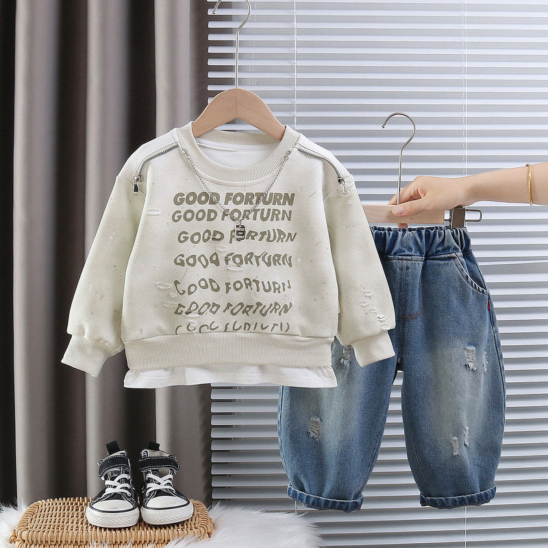 Boys' Spring and Autumn Sweatshirt 2026 New Fashionable Baby Fall Outfit with Full Letter Print on the Chest, Two-Piece Stylish Set