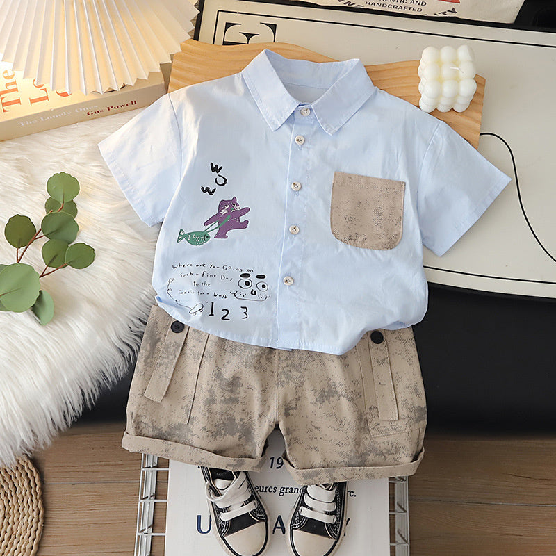 Stylish baby boy outfit for 1-5 year olds, summer two-piece set with a cute cat print short-sleeve shirt and collar