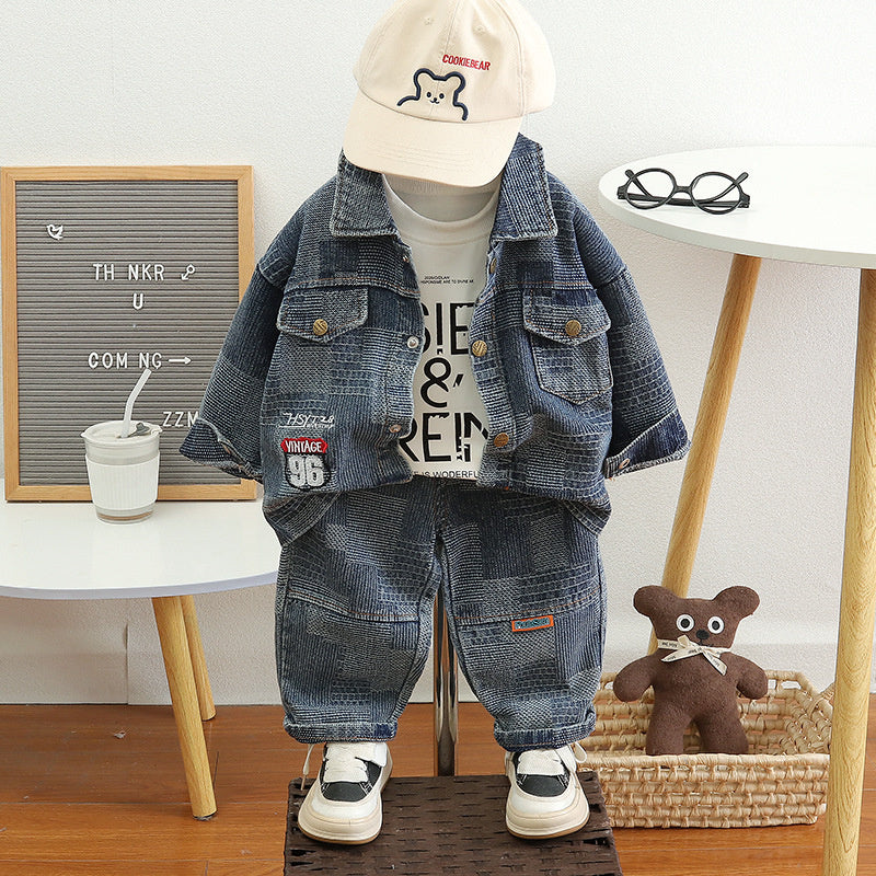 Boys' Spring and Outfit 2026 New Fashionable Children's Denim Casual Three-Piece Set Baby's Trendy Autumn Jacket