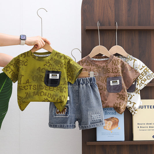 Boys' 2026 New Set: Infant and Toddler Pocket Short-Sleeve Casual Two-Piece Outfit Baby Summer Clothes