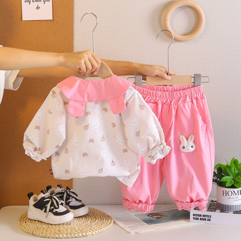 Baby Girl 2026 New Outing Floral Cat Print Turn-down Collar Two-piece Infant Long Sleeve Casual Pants Spring/Autumn Set